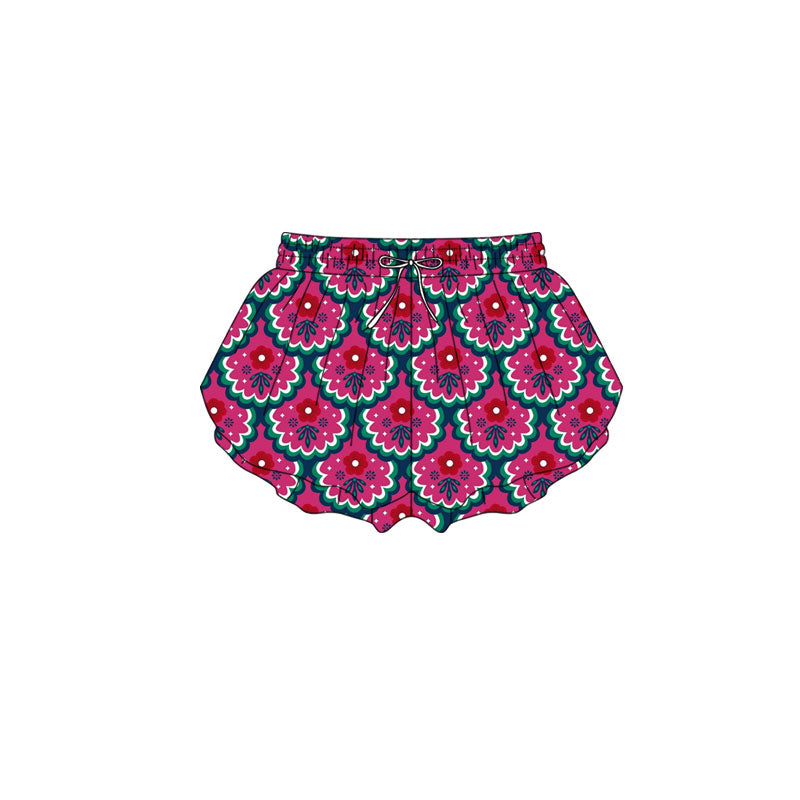 Preorder(moq 5) Baby Girls Red Flowers Checked Ruffle Shorts Bottom