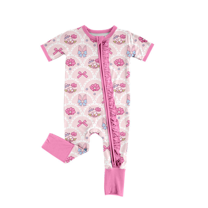 Preorder moq 5 Baby Girls’ Pink Floral Romper, Round Neck, 3/4 Sleeves, Zip-Up Front, Ruffle Trim, Cute Casual One-Piece Outfit
