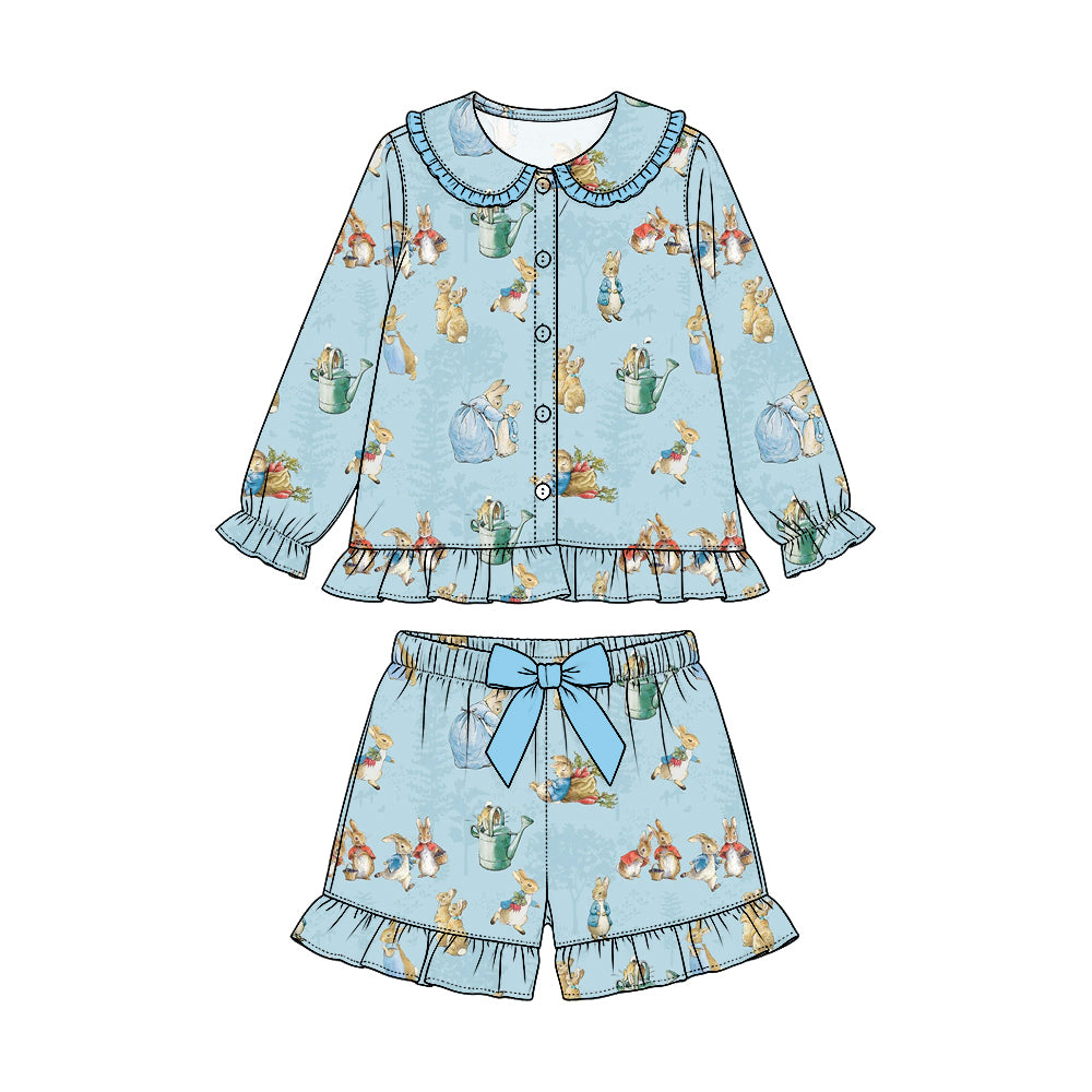 Preorder (moq 5) Baby Girl Clothes Garden Bunny Water Can Allover Print Long Sleeve Button Shorts Pajama Set