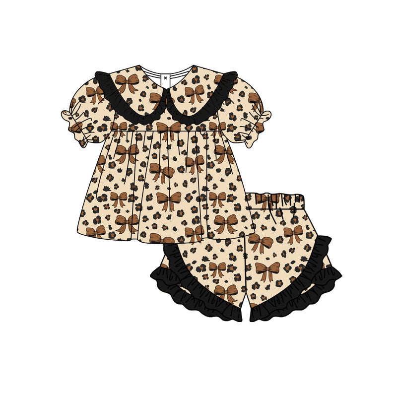 Preorder moq 5 Baby Girls Brown Leopard Bows Collar Tunic Ruffle Shorts Clothes Set