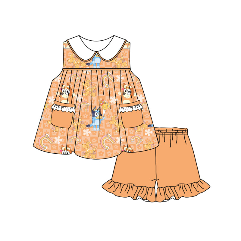 Preorder (moq 5)Baby Girls Orange Cartoon Dogs Pockets Tunic Ruffle Shorts Clothes Sets