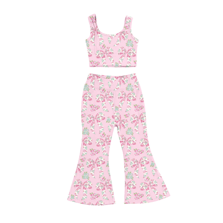 Preorder (moq 5)Baby Girls Pink Sleeveless Floral Bows Vest Top Bell Bottom Pant Set