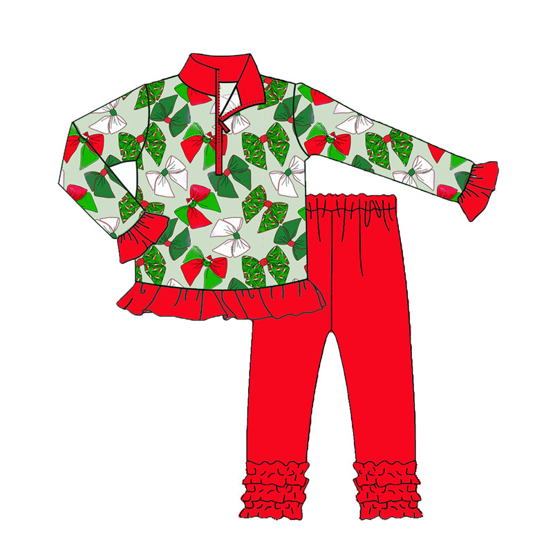Preorder (moq 5)Baby Girls Long Ruffle Sleeves Green Bows Plaid Zipper Top Legging Pants Set