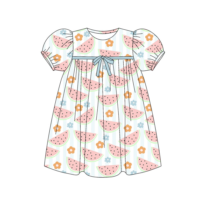 Preorder (moq 5)Baby Girls Short Ruffle Sleeves Watermelons Flowers Knee Length Dresses