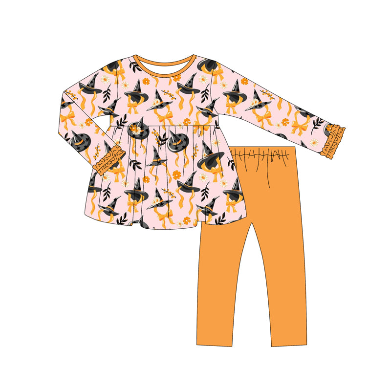 Preorder (moq 5)Baby Girls Long Ruffle Sleeves Flowers Magic Hats Tunic Legging Pant Sets