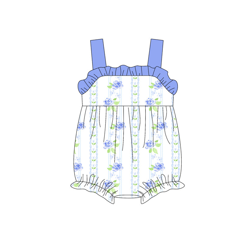 Preorder(moq 5)Baby Infant Girls Blue Strap Floral Stripe Ruffle Rompers