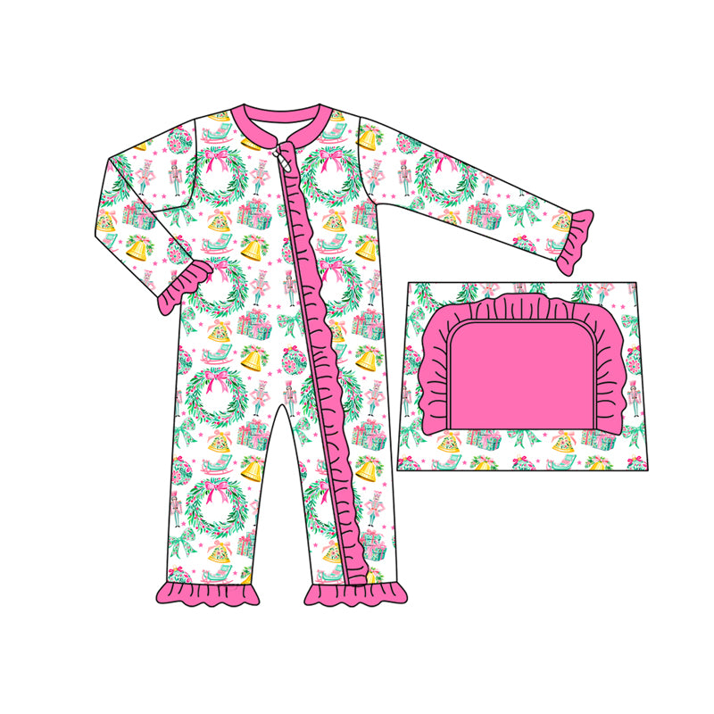 Preorder moq 5 Baby Infant Girls Long Sleeves Bows Holly Gifts Plaid Ruffle Zipper Romper