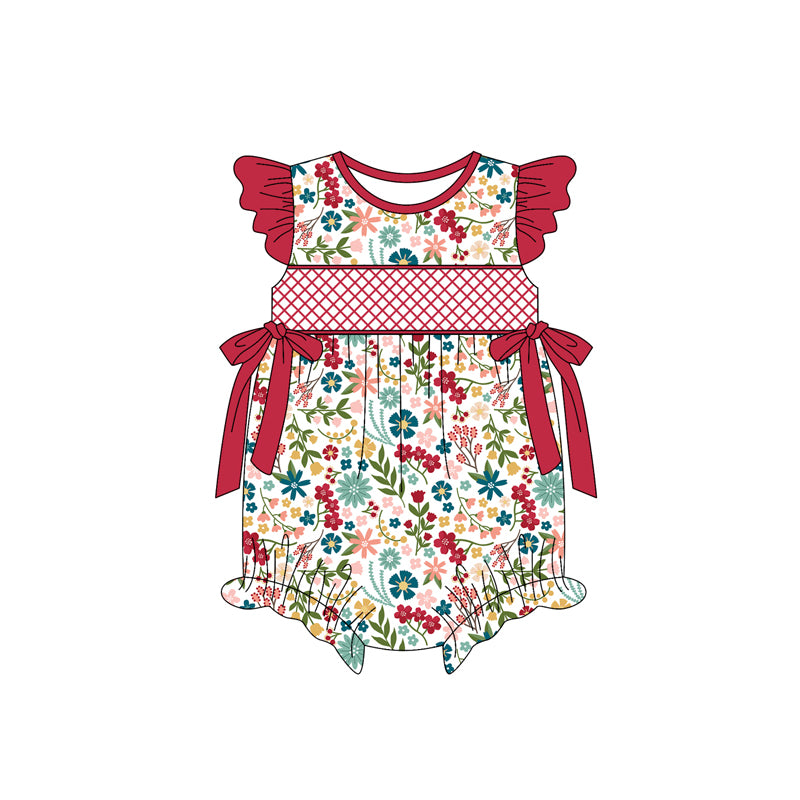 Preorder(moq 5)Baby Infant Girls Red Flutter Sleeves Bows Floral Ruffle Rompers