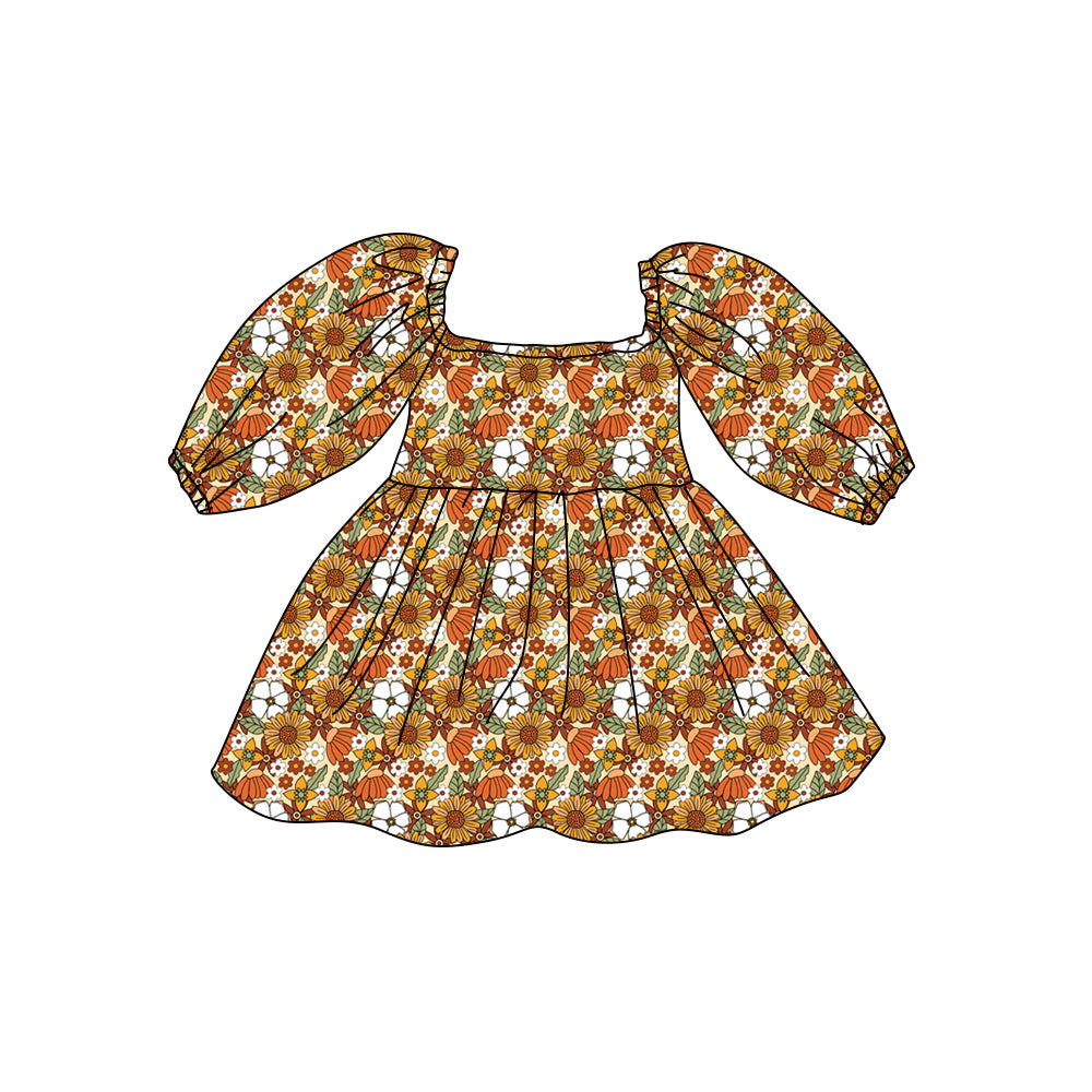 Preorder (moq 5)Baby Girls Long Sleeve Colorful Flowers Knee Length Dresses