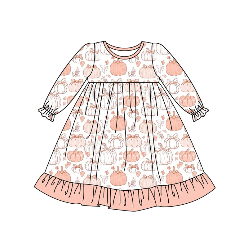 Preorder (moq 5)Baby Girls Long Ruffle Sleeves Bows Pumpkins Plaid Knee Length Dresses