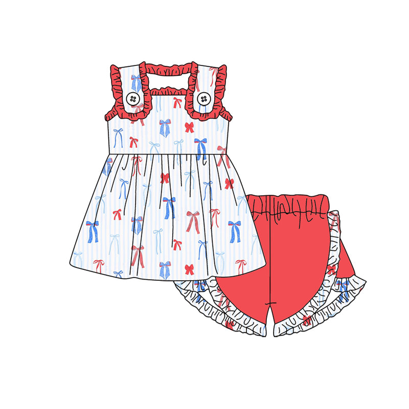 Preorder moq 5 Baby Girls Sleeveless Blue Red Bows Tunic Ruffle Short 4th Of July Set