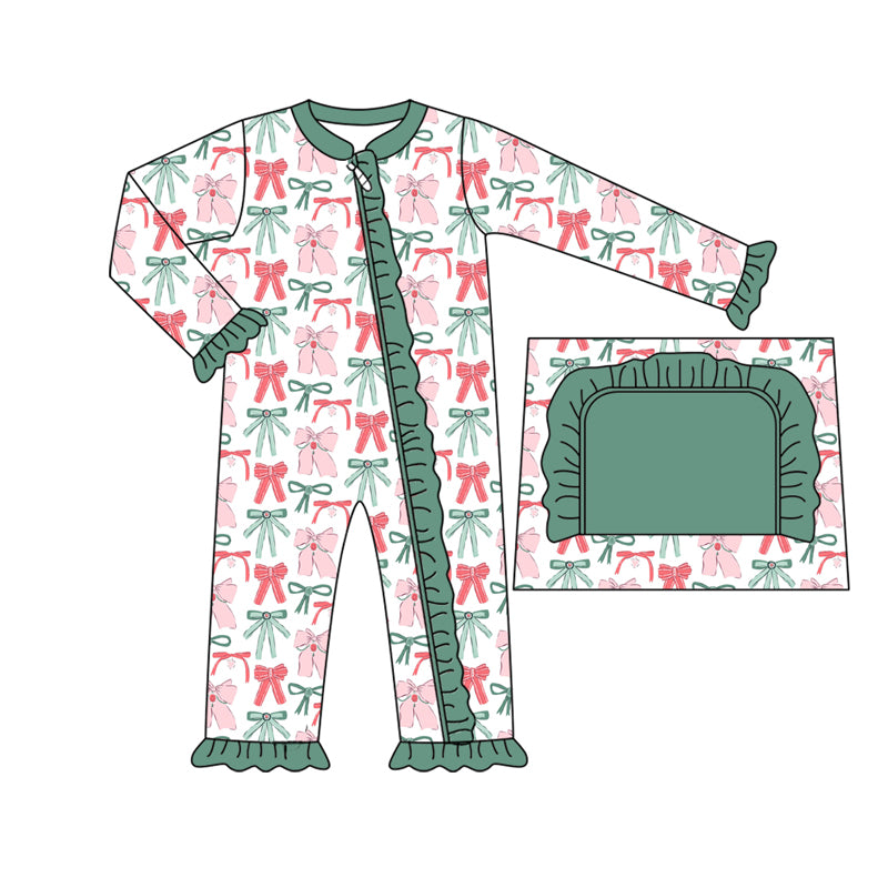 Preorder moq 5 Baby Infant Girls Long Sleeves Green Red Bows Plaid Ruffle Zipper Romper