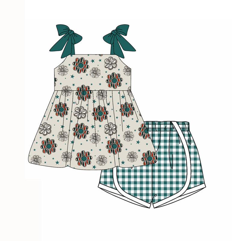 Preorder moq 5 Baby Girls Dark Green Strap Stars Turquoise Tunic Plaid Shorts Set
