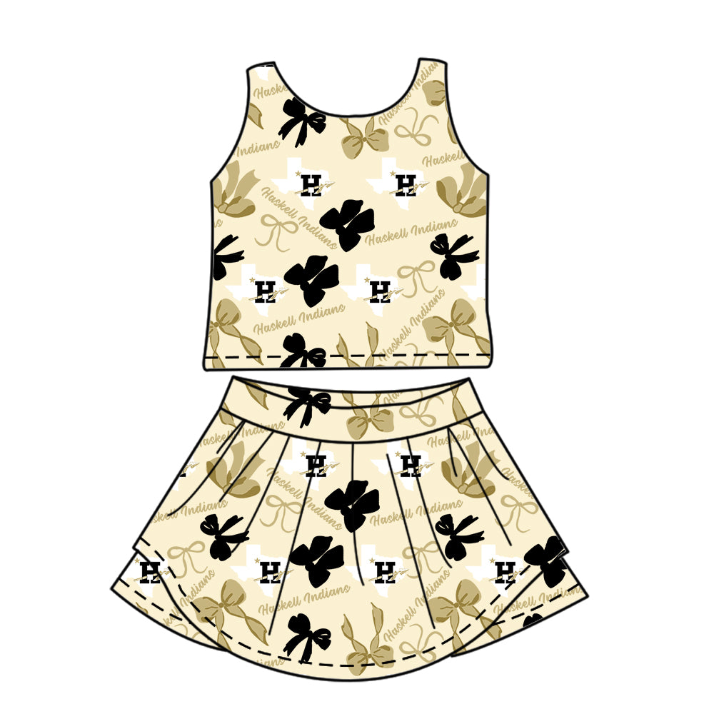 Preorder (moq 5)Baby Girls Sleeveless Haskell Indians Bows Plaid Top Skorts Team Set