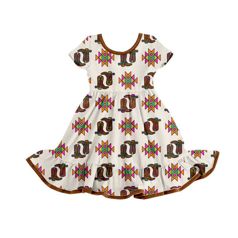 Preorder(moq 8)Baby Girls Short Sleeve Aztec Boots Western Ruffle Knee Length Dresses