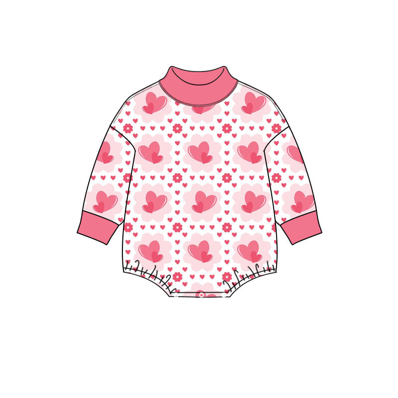 Preorder (moq 5) Baby Girl Clothes Pink Heart Floral Print Long Sleeve Mock Neck Bodysuit