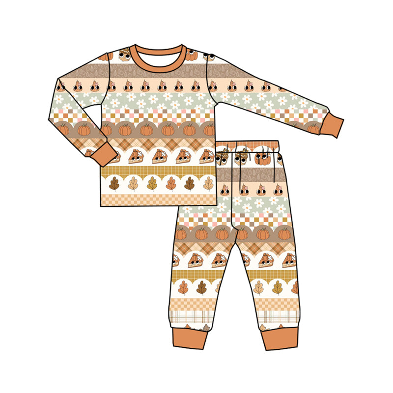 Preorder (moq 5)Baby Boys Long Sleeves Khaki Flowers Pumpkins Top Pant Pajamas Set