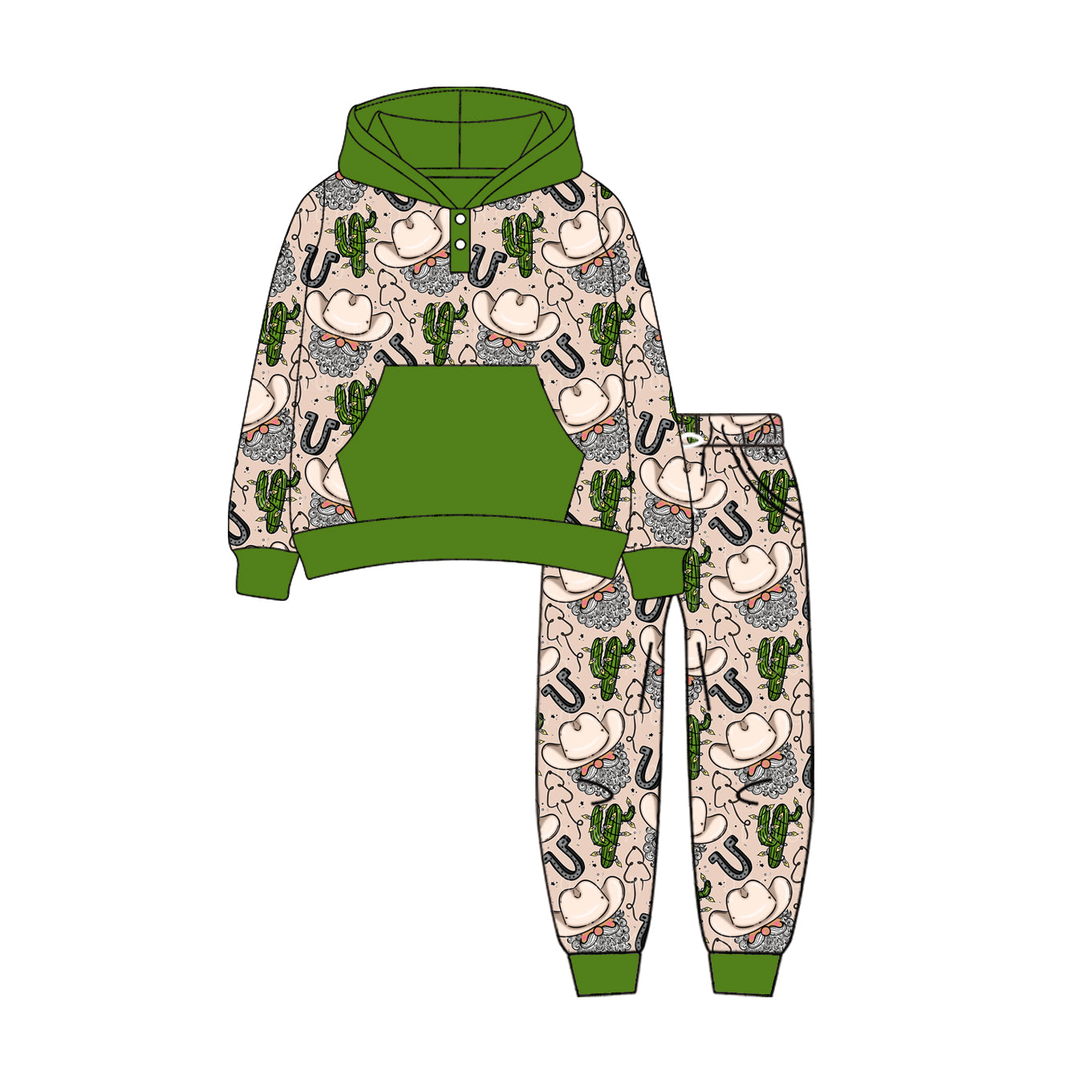 Preorder (moq 5)Baby Boys Long Sleeves Dark Green Cactus Hats Santa Pocket Button Hoodies Legging Pant Sets