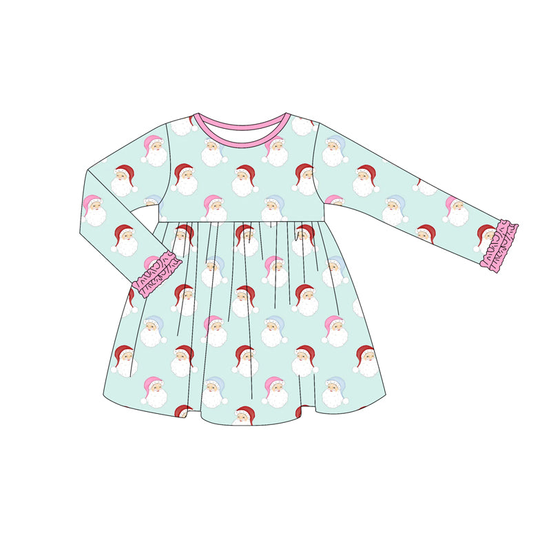 Preorder (moq 5)Baby Girls Blue Long Ruffle Sleeves Santa Plaid Knee Length Dresses