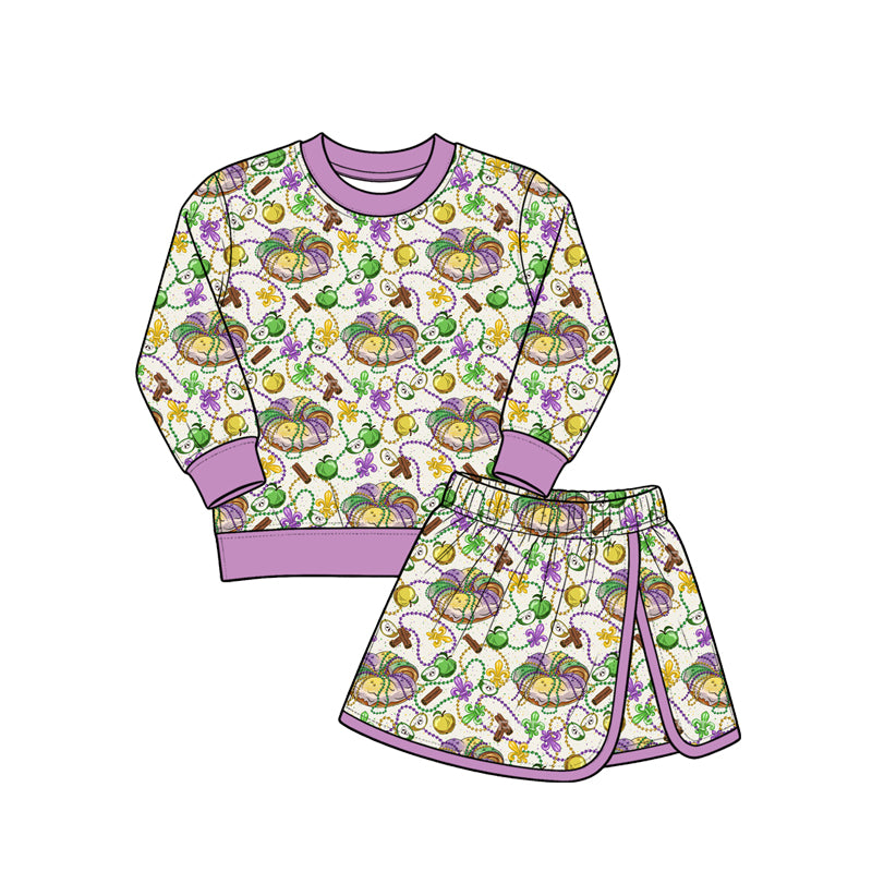 Preorder (moq 5) Girls’ Carnival Iris & Apple Print 2-Piece Set, Long-Sleeve Sweatshirt & Slit Skirt