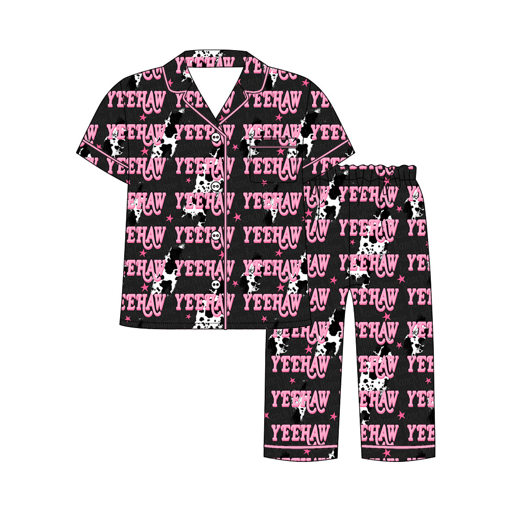 Preorder moq 5 Adult Short Sleeve Cow Print Lights Yeehaw Button Pockets Top Pants Western Pajamas Sets