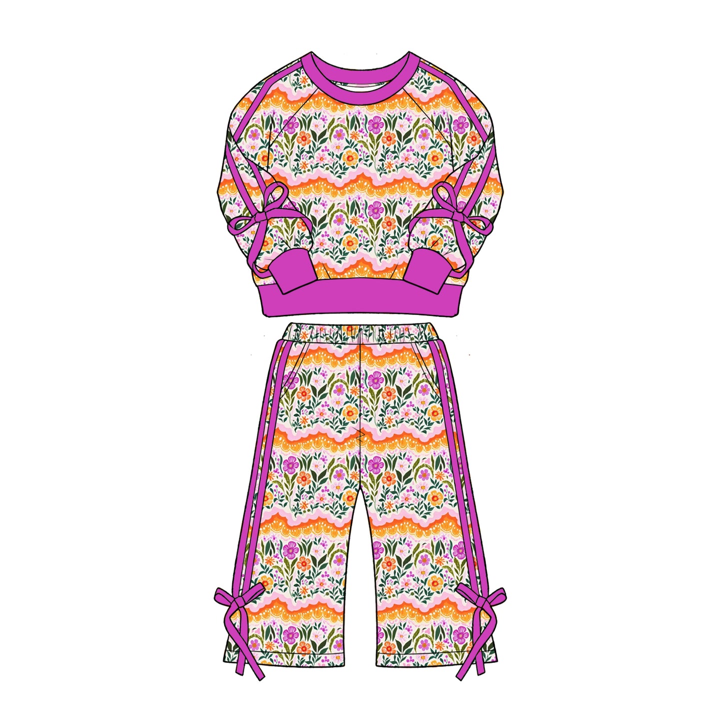 Preorder (moq 5)Baby Girls Colorful Flowers Top Flare Pockets Pant Clothes Sets