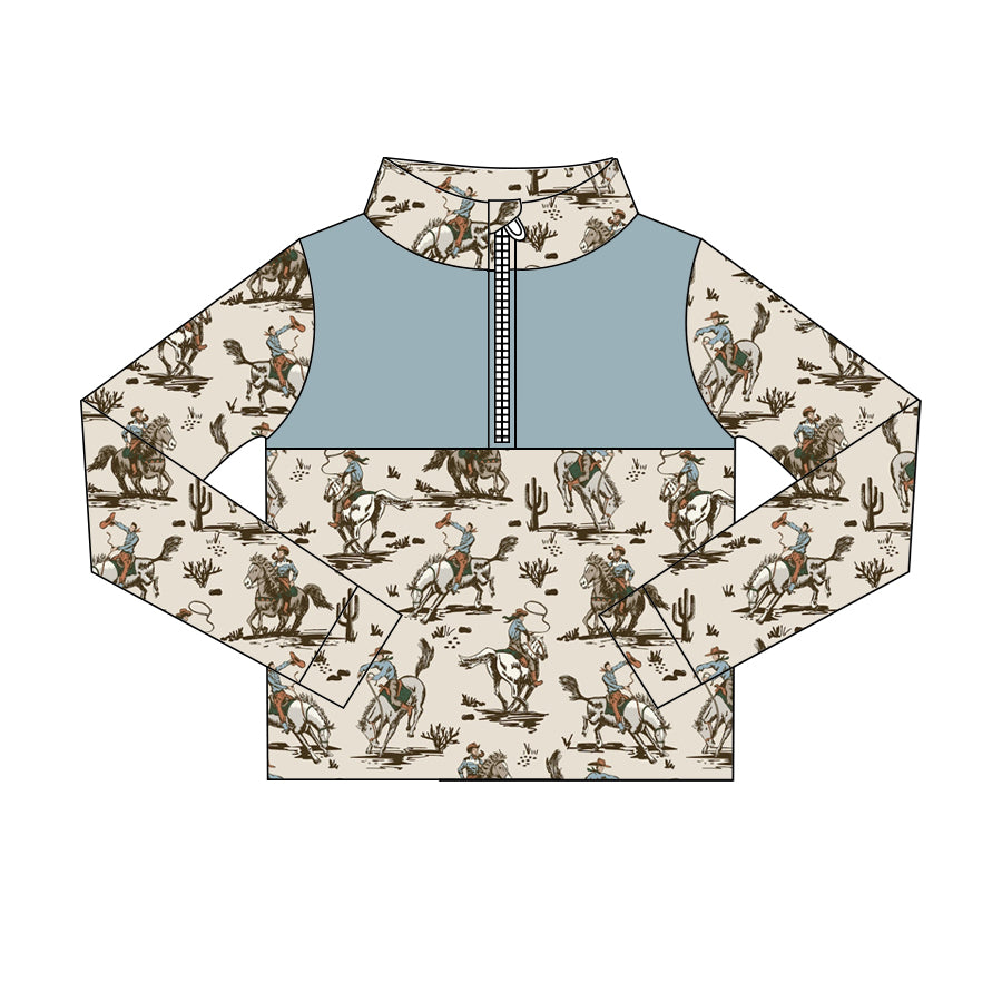 Preorder (moq 5)Baby Boys Horse Rodeos Cactus Western Zip Pullovers Tops