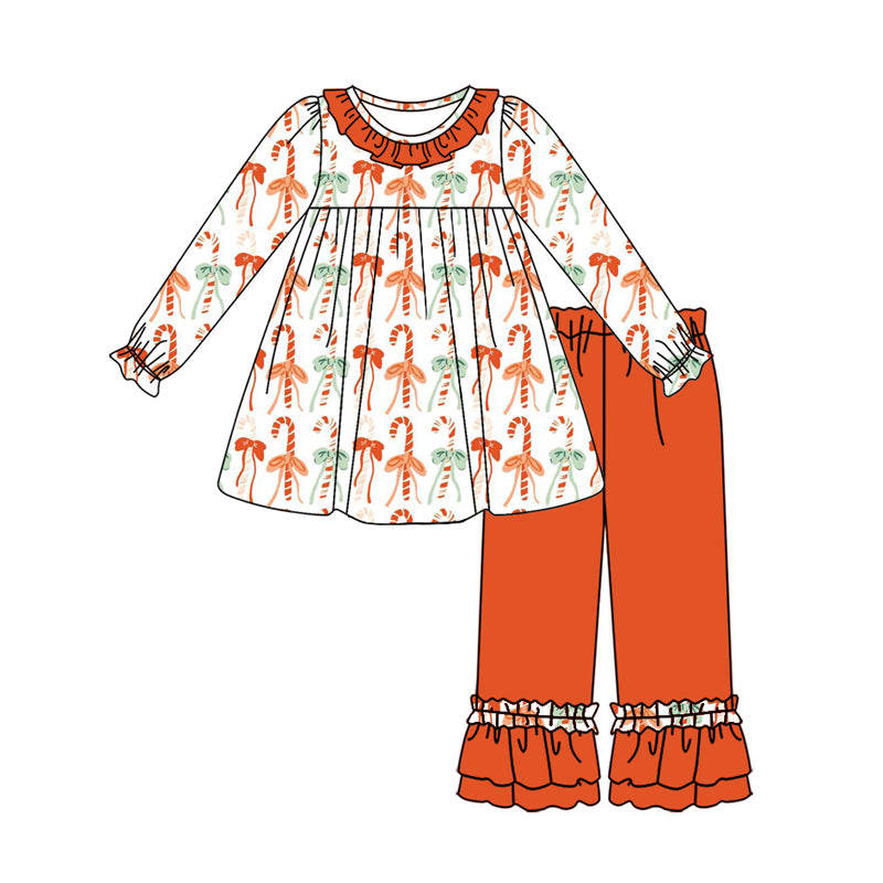 Preorder (moq 5)Baby Girls Long Ruffle Sleeves Bows Candy Cane Stripe Tunic Orange Pant Sets