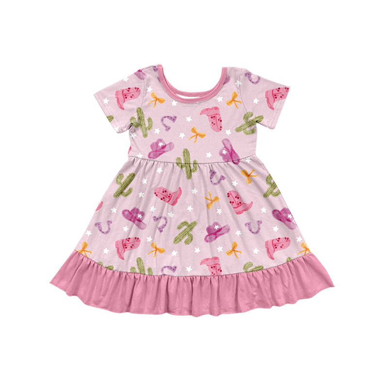 Preorder (moq 5)Baby Girls Cactus Hats Boots Western Ruffle Knee Length Dresses