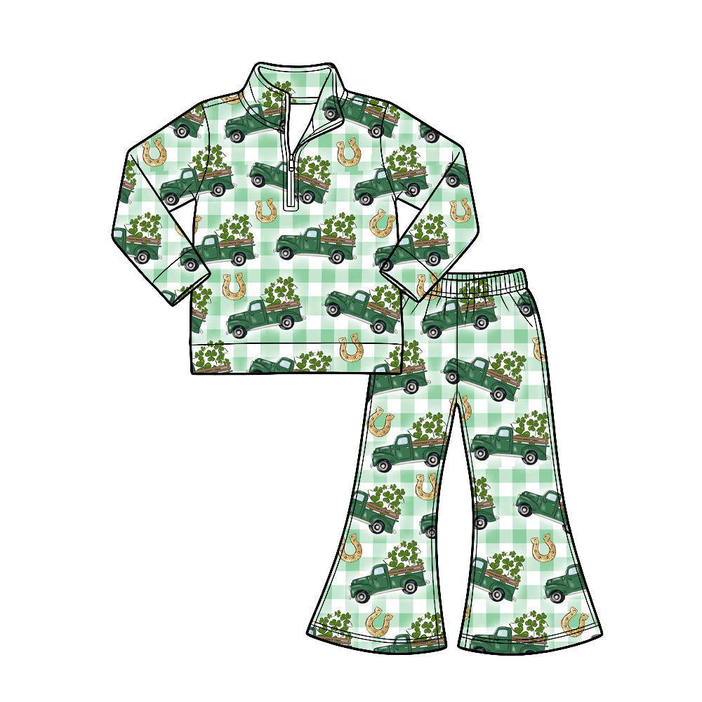 Preorder (moq 5) Baby Girl Clothes St Patrick’s Day Vintage Truck Clover Print Long‑sleeve Quarter Zip Top Flare Pants Set