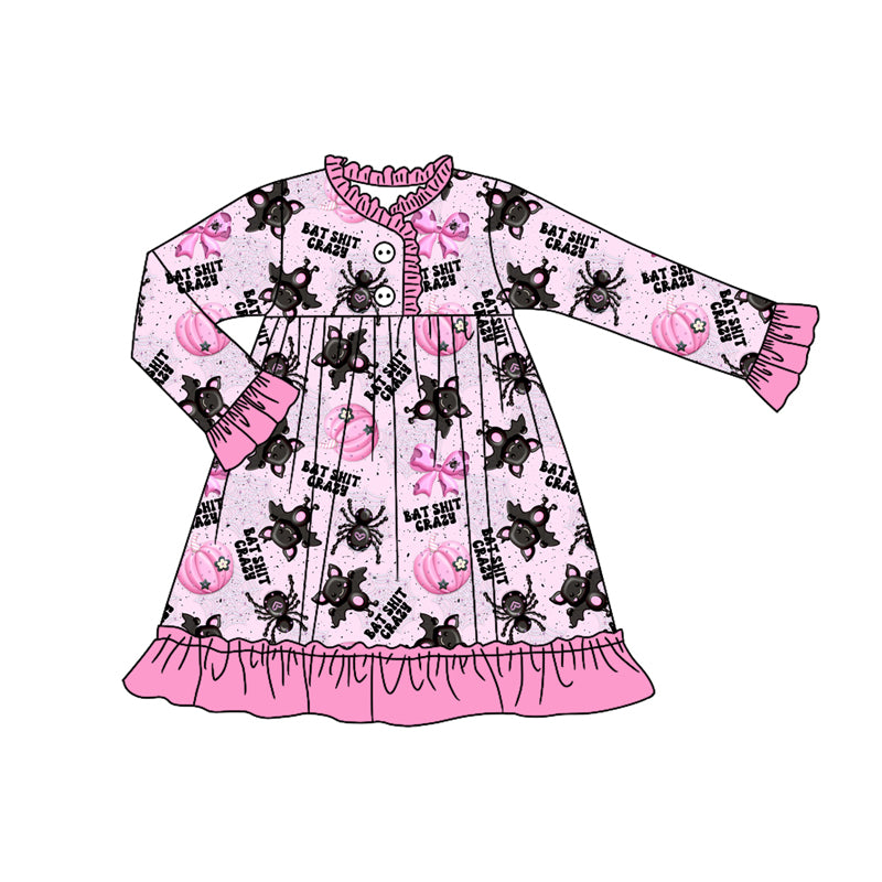 Preorder(moq 5) Baby Girls Long Ruffle Sleeves Bats Pumpkins Plaid Button Knee Length Dresses