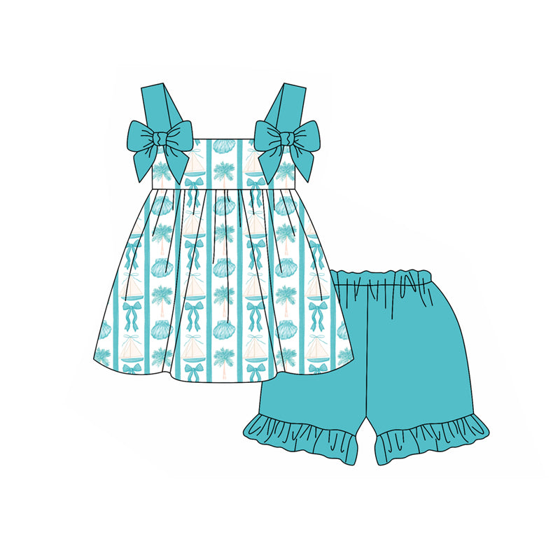 Preorder moq 5 Baby Girls Blue Strap Bows Shell Tunic Ruffle Short Set