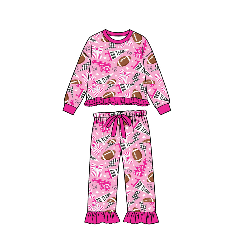 Pre-order(moq5) Girl Clothes Pink Football Bow Go Team Print Ruffle Trim Flare Pajama Set