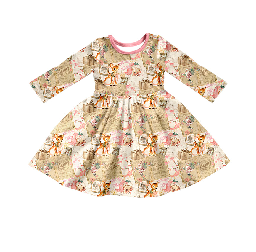 Preorder (moq 5)Baby Girls Khaki Long Sleeves Santa Deer Plaid Knee Length Dresses