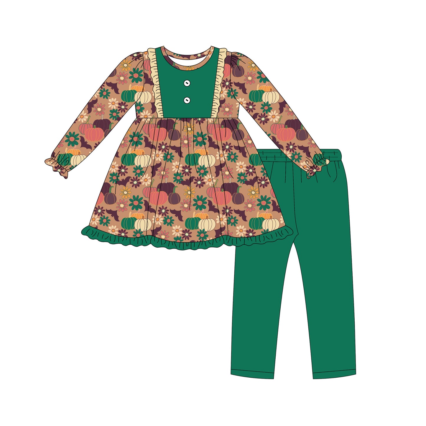 Preorder (moq 5)Baby Girls Long Ruffle Sleeves Flowers Pumpkins Tunic Green Legging Pant Set