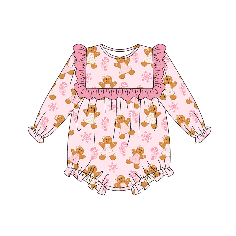 Preorder (moq 5)Baby Girls Long Sleeves Pink Gingerbread Bows Candy Cane Ruffle Romper