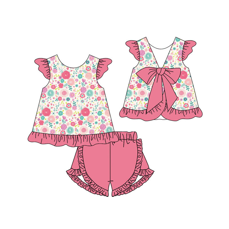 Preorder(moq 5) Baby Girls Colorful Flowers Back Bows Tunic Ruffle Shorts Clothes Sets