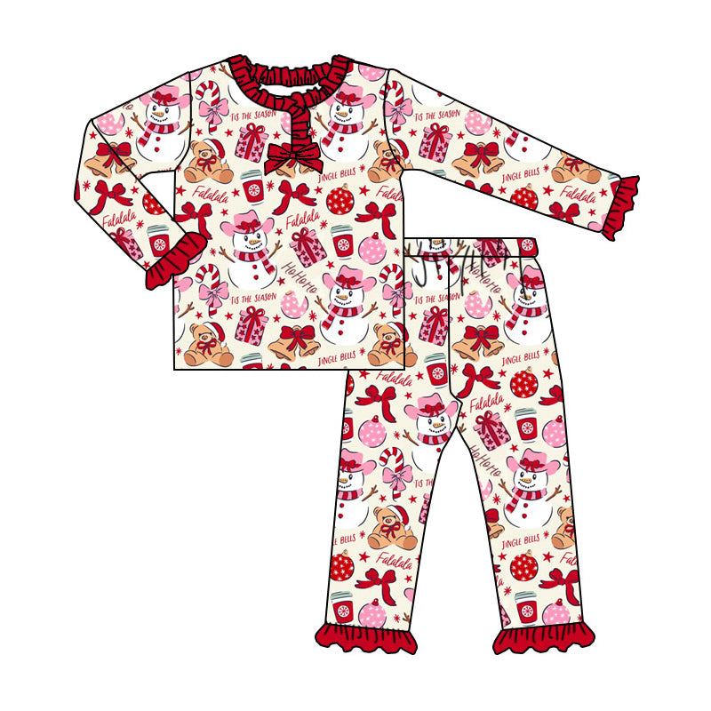 Preorder (moq 5)Baby Girls Gifts Snowmen Top Ruffle Pants Christmas Pajamas Sets