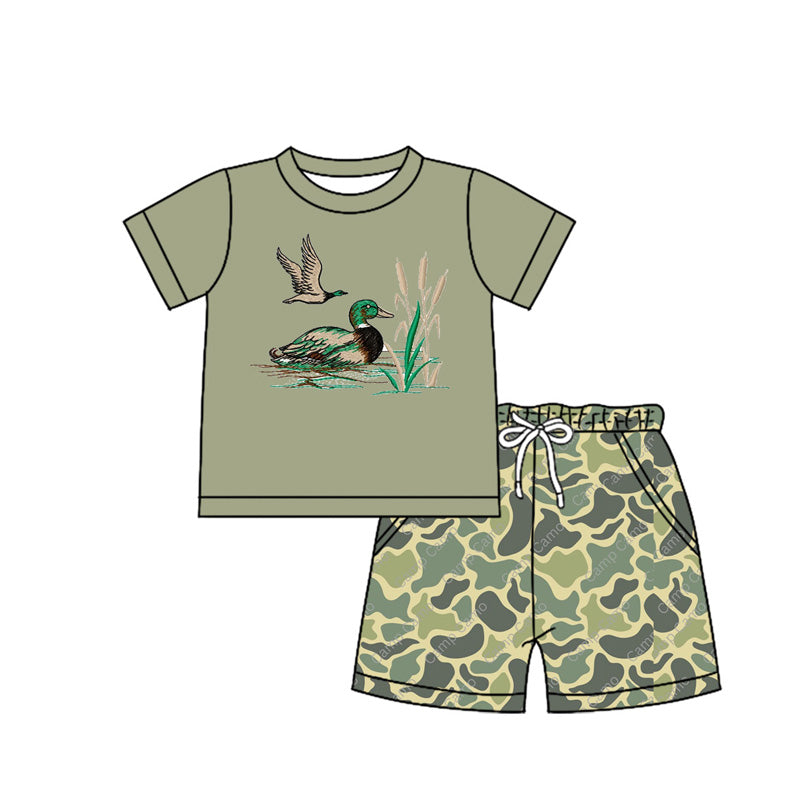 Preorder (moq 5)Baby Boys Hunting Ducks Green Shirt Camo Shorts Clothes Sets