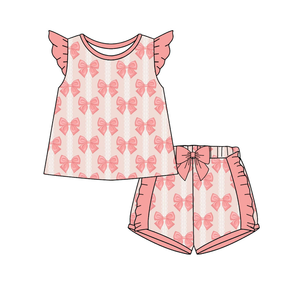 Preorder (moq 5)Baby Girls Flutter Sleeve Bows Stripe Tunic Ruffle Short Clothes Sets