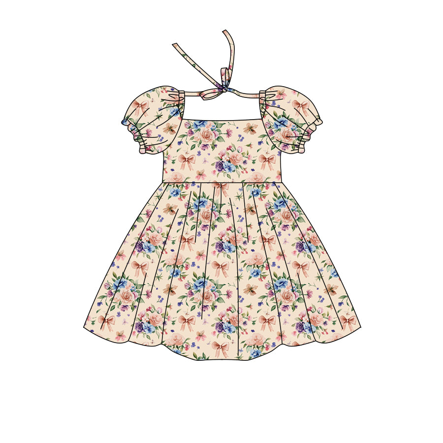 Preorder (moq 5)Baby Girls Short Ruffle Sleeve Colorful Flowers Bows Knee Length Dresses