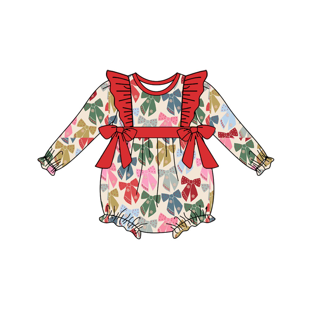 Preorder (moq 5)Baby Girls Red Long Sleeves Colorful Bows Plaid Ruffle Rompers