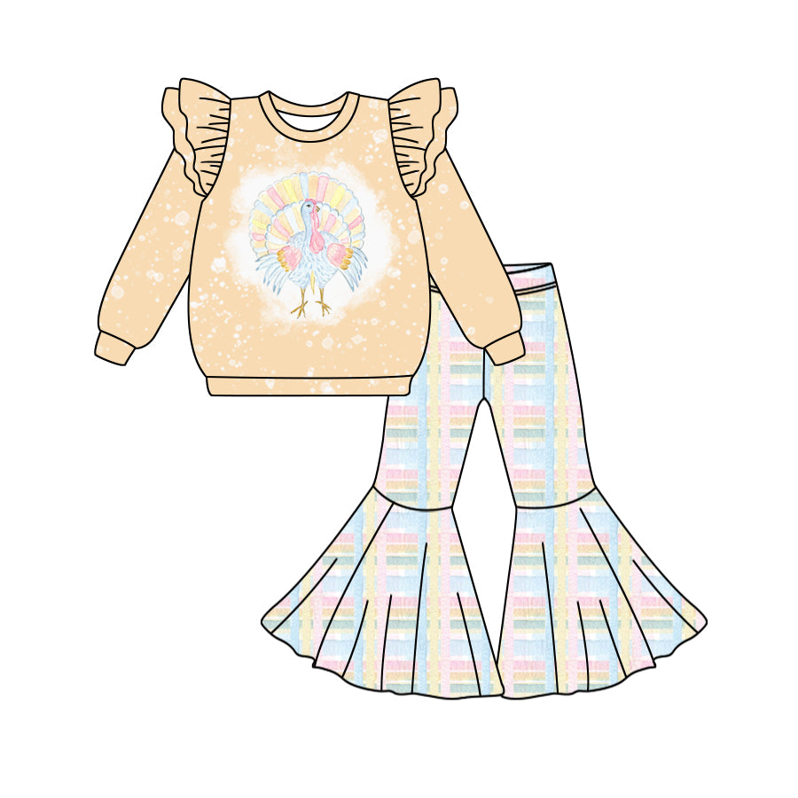 Preorder (moq 5)Baby Girls Yellow Long Sleeves Turkey Top Plaid Bell Bottom Pant Set