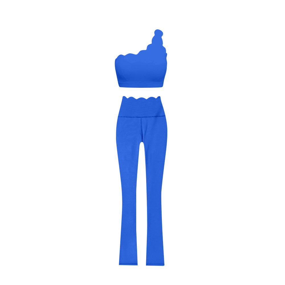 Preorder (moq 5)Baby Girls Blue One Shoulder Scallop Top Bell Bottom Pants Yoga Sets