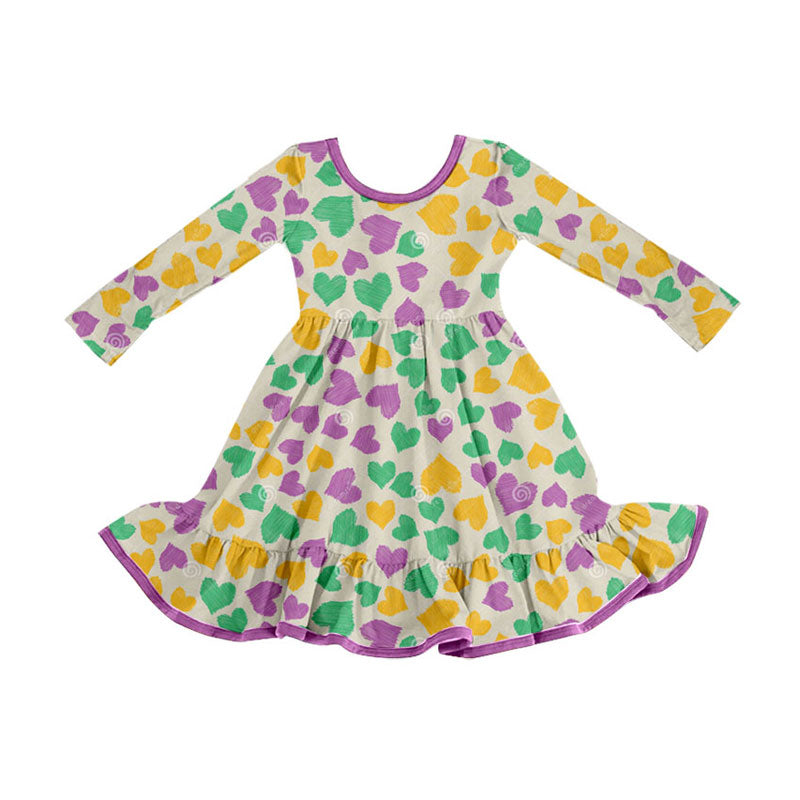 Preorder(moq 8)Baby Girls Mardigras Hearts Ruffle Knee Length Dresses
