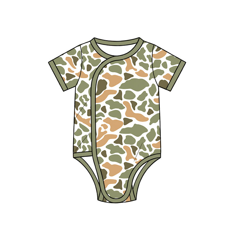 Preorder (moq 5) Baby Boy Clothes Sage Green Earth Tone Camo Print Short Sleeve Side Snap Romper
