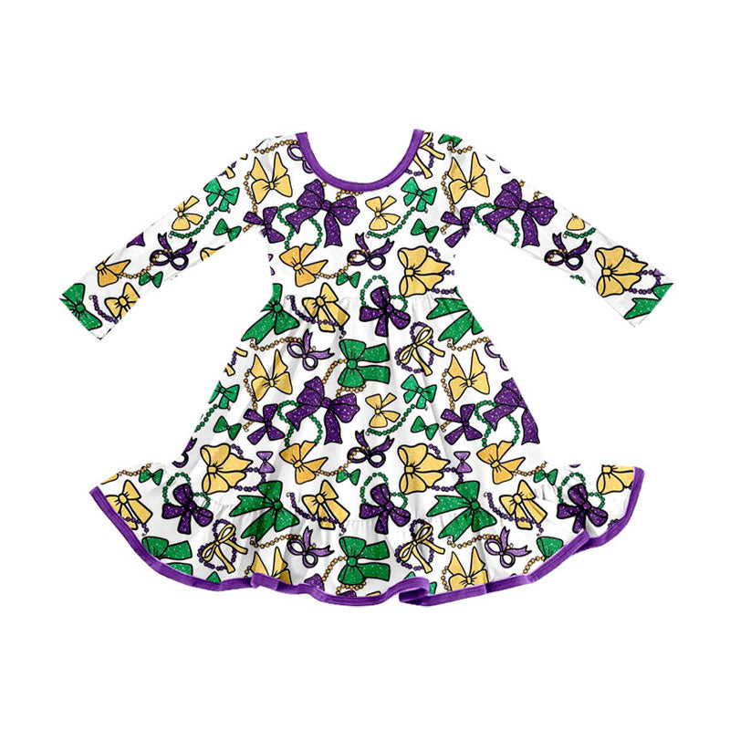 Preorder (moq 5)Baby Girls Purple Yellow Green Bows Mardigras Ruffle Knee Length Dress