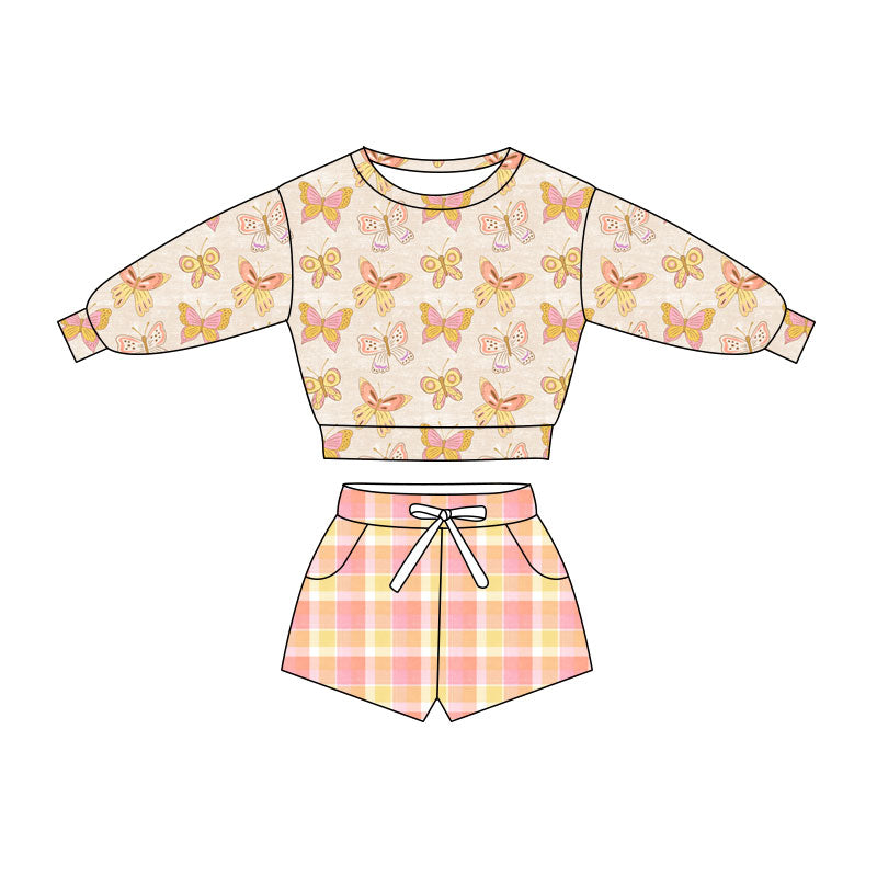 Preorder(moq 5) Baby Girls Butterfly Long Sleeve Checked Pockets Shorts Clothes Sets