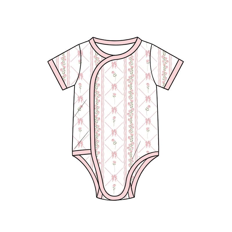 Preorder (moq 5) Baby Girl Clothes Pink Bow Rose Stripe Mixed Print Short Sleeve Side Snap Baby Bodysuit