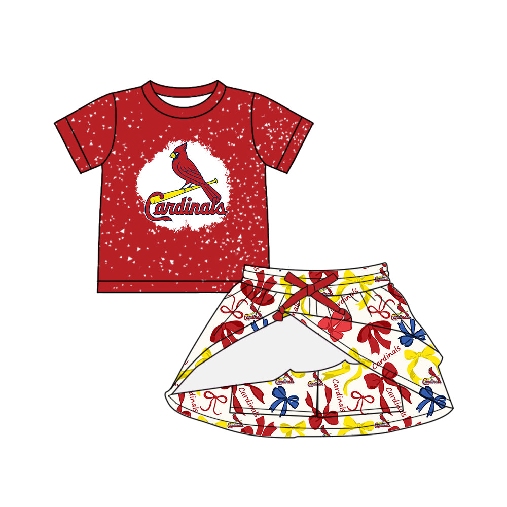 Preorder (moq 5)Baby Girls Red Short Sleeves Cardinals Top Bows Plaid Skorts Team Set